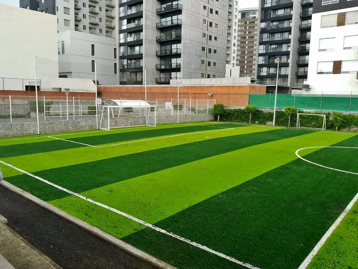 Cancha de fútbol 7 con pasto sintético en Colegio México Nuevo, Cholula, Puebla: líneas de juego insertadas en el mismo pasto