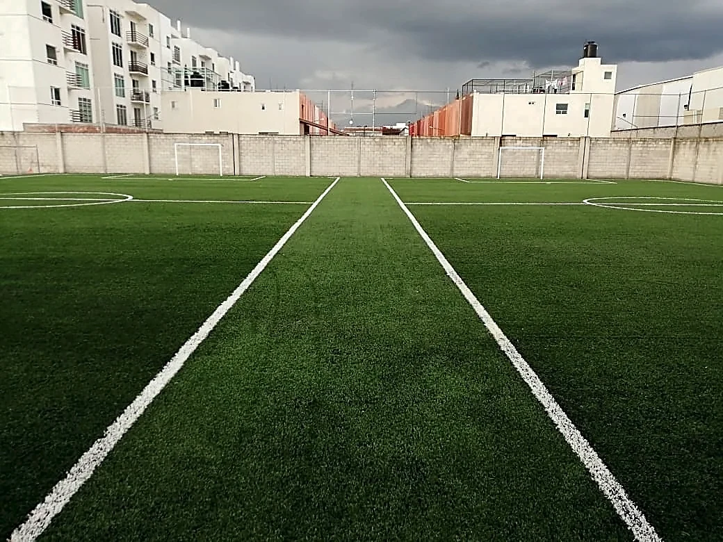 Cancha de fútbol 7 con pasto sintético en Colegio Puebla, Puebla: la cancha desdel fondo
