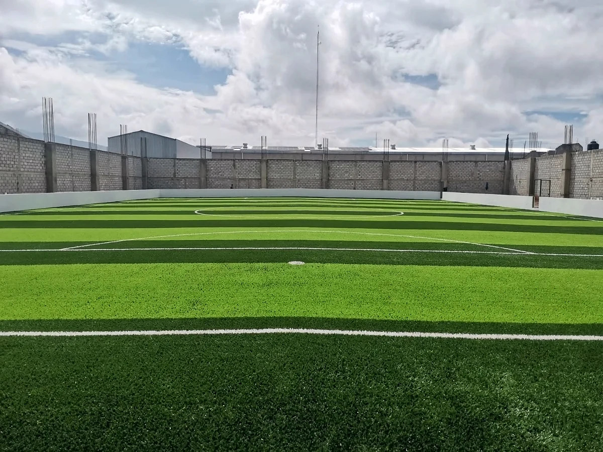Cancha de fútbol 7 con pasto sintético en Tehuacán, Puebla: líneas de juego insertadas en el mismo pasto