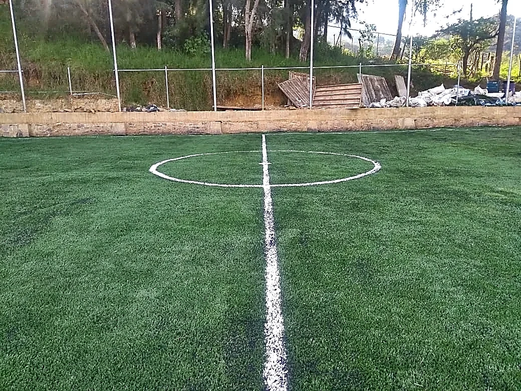 Cancha de fútbol 5 con pasto sintético en Telesecundaria Escudo Nacional, Pinal de Amoles, Querétaro: la cancha desde la línea lateral