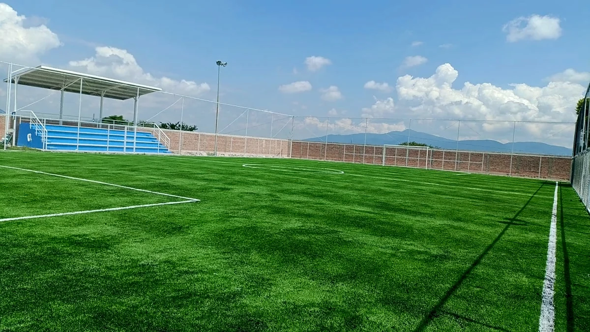 Cancha de fútbol 7 con pasto sintético en Deportivo Santa Cruz, Querétaro, Querétaro: líneas de juego insertadas en el mismo pasto