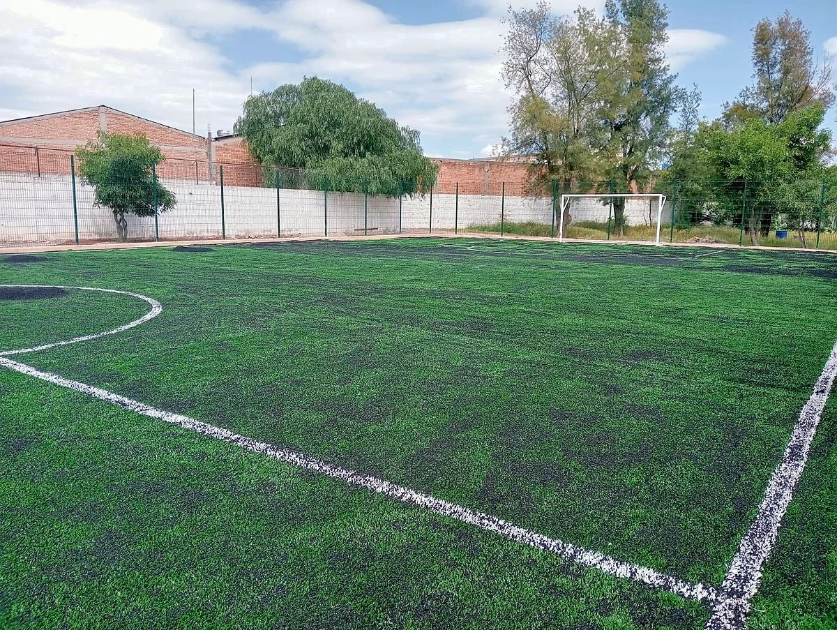 Cancha de fútbol 7 con pasto sintético en Cancha Colonia Juvenil, San Luis Potosí, San Luis Potosí: líneas de juego insertadas en el mismo pasto