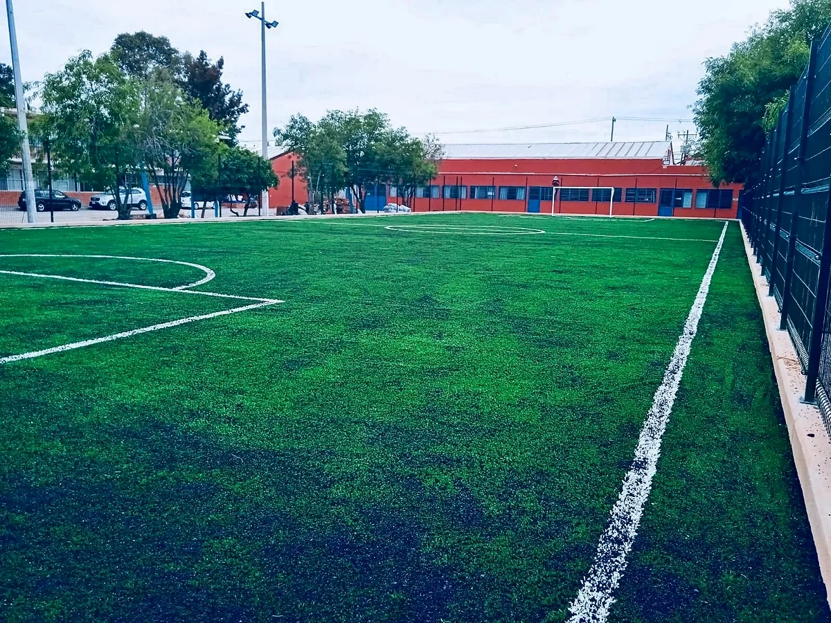 Cancha de fútbol 7 con pasto sintético en Cancha Colonia Juvenil, San Luis Potosí, San Luis Potosí: la cancha desde la línea lateral