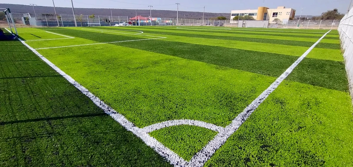 Cancha de fútbol 7 con pasto sintético en Unidad Deportiva de Rayón, San Luis Potosí: pasto sintético deportivo recién cepillado