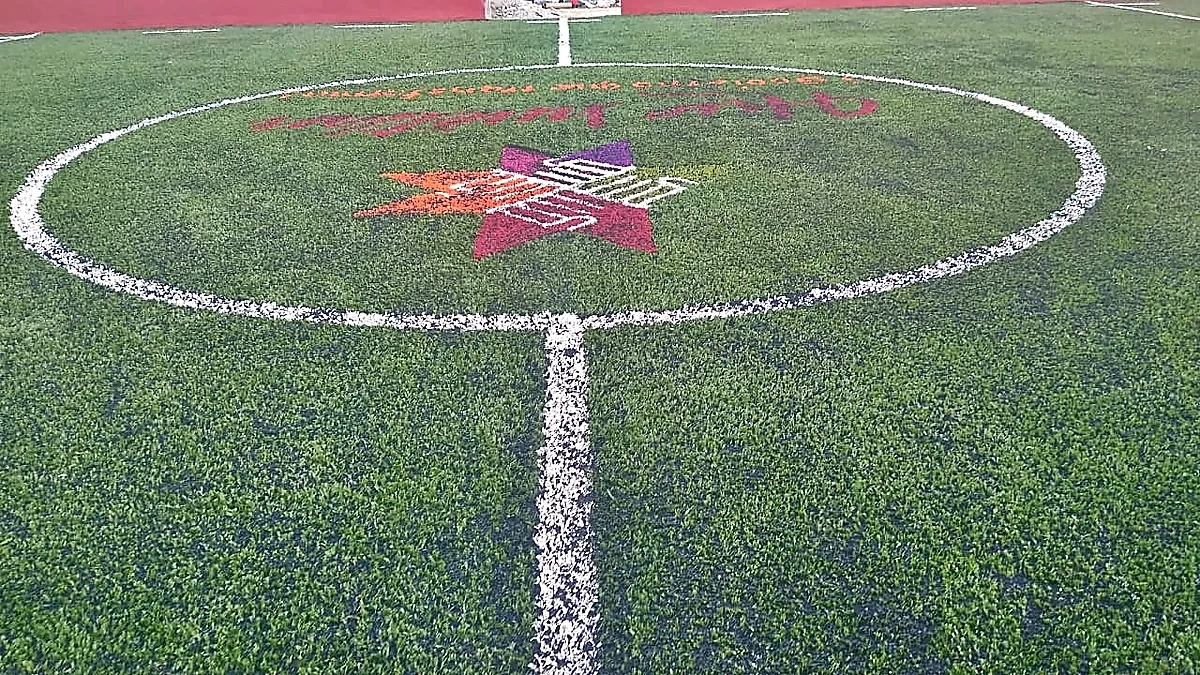 Cancha de fútbol rápido con pasto sintético en Cancha de Futbol Rapido, Huichihuayán, San Luis Potosí: la cancha desde la línea lateral