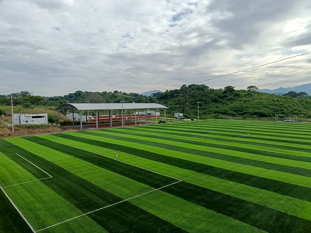 Detalle del pasto sintético de la cancha de fútbol soccer en Axtla de Terrazas, San Luis Potosí