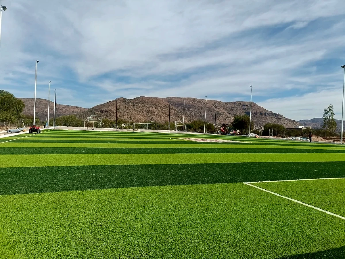 Cancha de fútbol soccer con pasto sintético en Santa María del Río, San Luis Potosí: pasto sintético deportivo recién cepillado