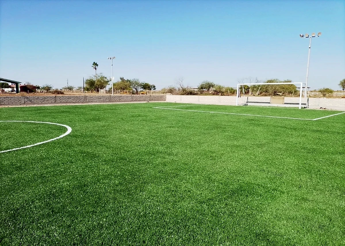 Cancha de fútbol 7 con pasto sintético en Gobierno Municipal Guasave, Sinaloa: líneas de juego insertadas en el mismo pasto