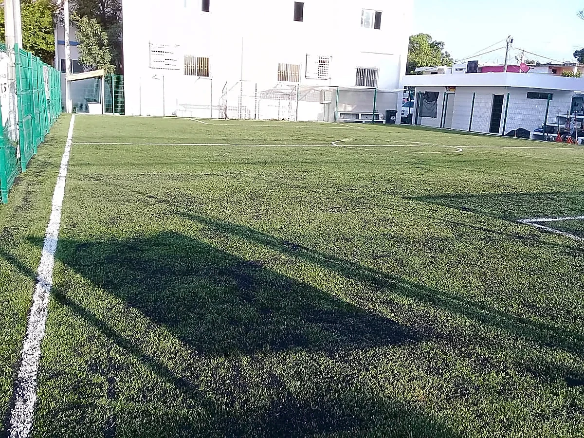 Cancha de fútbol 5 con pasto sintético en Unidad Deportiva Benito Juárez, Ciudad Madero, Tamaulipas: líneas insertadas en el pasto sintético