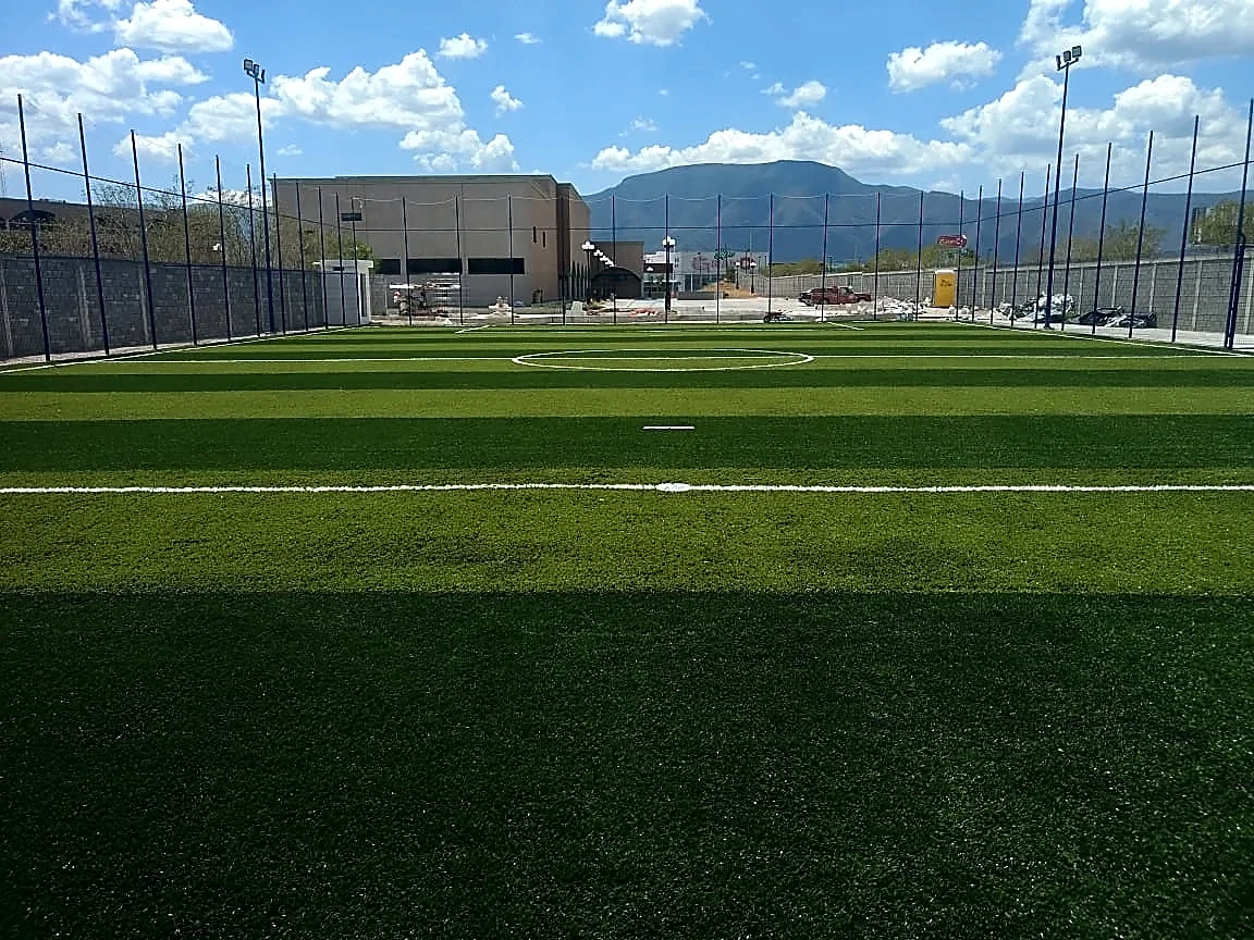Cancha de fútbol 7 con pasto sintético en ICEST Victoria, Ciudad Victoria, Tamaulipas: la cancha desdel fondo