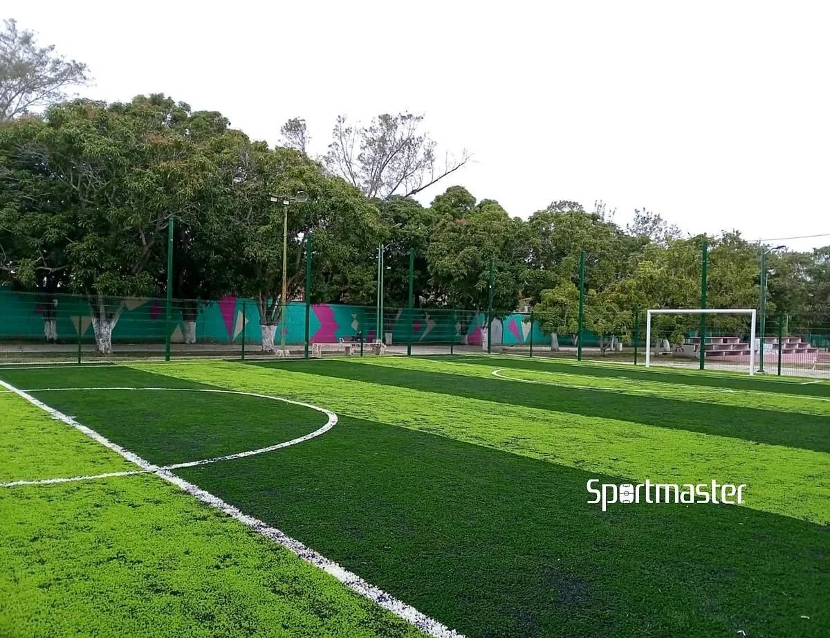 Cancha de fútbol 7 con pasto sintético en La Pirámide de Madero, Ciudad Madero, Tamaulipas: líneas de juego insertadas en el mismo pasto