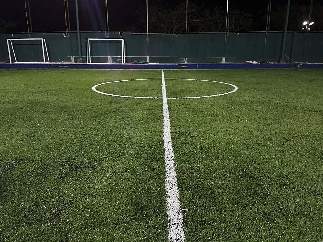 Cancha de fútbol 7 con pasto sintético en Raquet Club de Tampico AC, Tamaulipas: líneas de juego insertadas en el mismo pasto