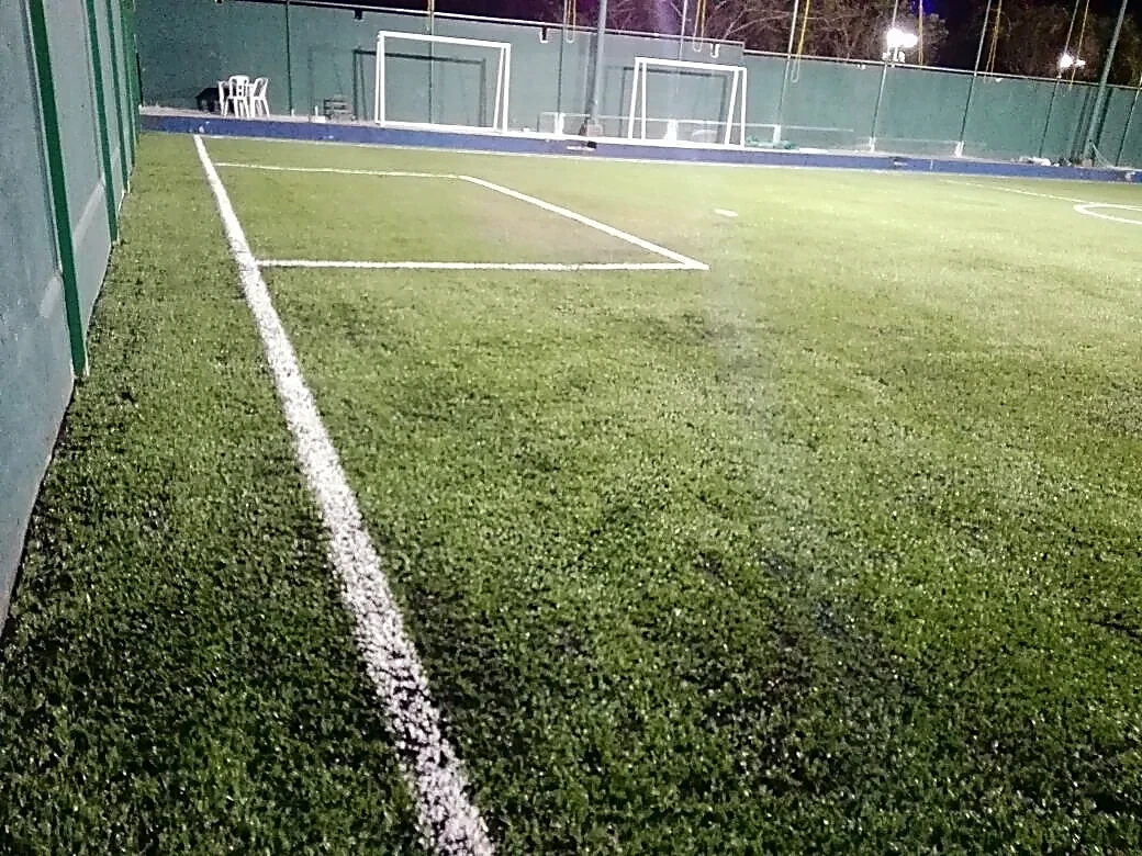 Cancha de fútbol 7 con pasto sintético en Raquet Club de Tampico AC, Tamaulipas: la cancha desde la línea lateral