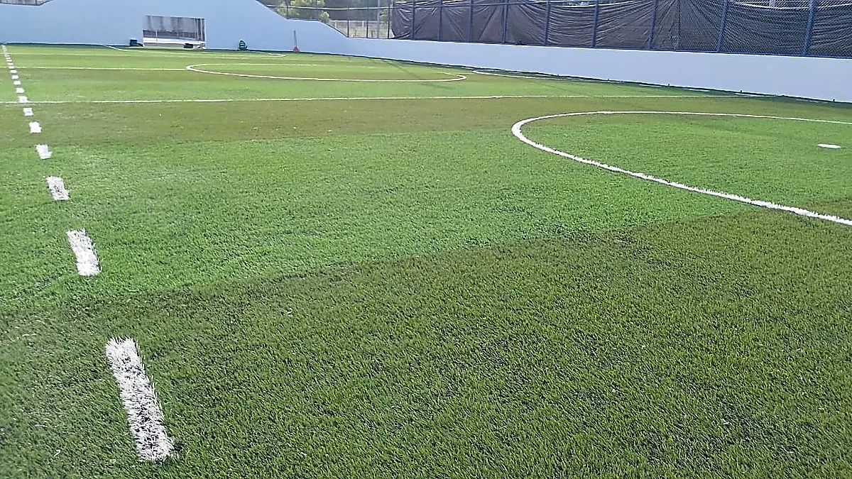 Cancha de fútbol rápido con pasto sintético en Universidad La Salle, Ciudad Victoria, Tamaulipas: pasto sintético deportivo recién cepillado