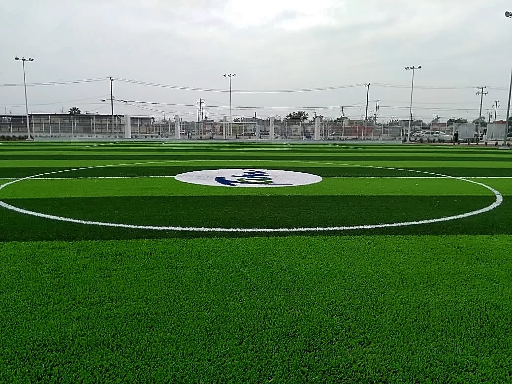 Cancha de fútbol soccer con pasto sintético en Deportivo Lomas del Rio, Nuevo Laredo, Tamaulipas: líneas de juego insertadas en el pasto