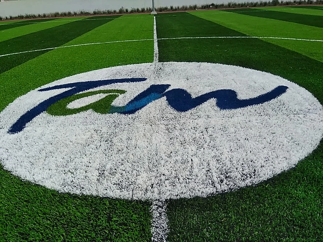 Cancha de fútbol soccer con pasto sintético en Deportivo Lomas del Rio, Nuevo Laredo, Tamaulipas: pasto sintético deportivo recién cepillado