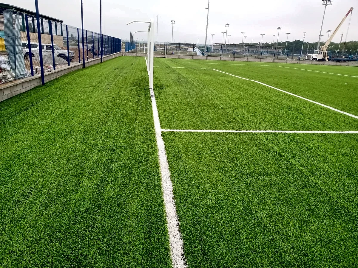Cancha de fútbol soccer con pasto sintético en Unidad Deportiva de Tampico, Tamaulipas: la cancha desdel fondo