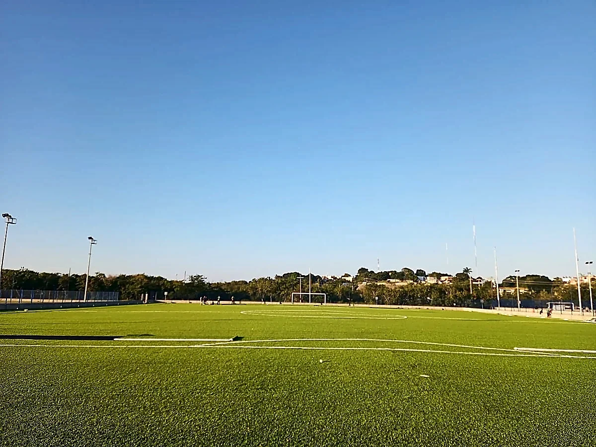 Detalle del pasto sintético de la cancha de fútbol soccer en Tampico, Tamaulipas