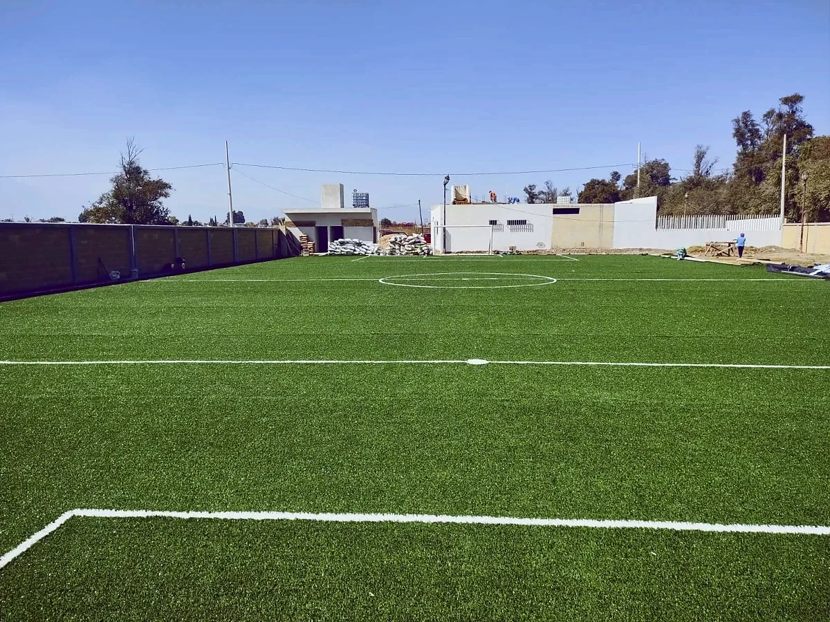 Cancha de fútbol rápido con pasto sintético en Unidad Deportiva Guadalupe Victoria, Tlaxcala, Tlaxcala: líneas de juego insertadas en el pasto