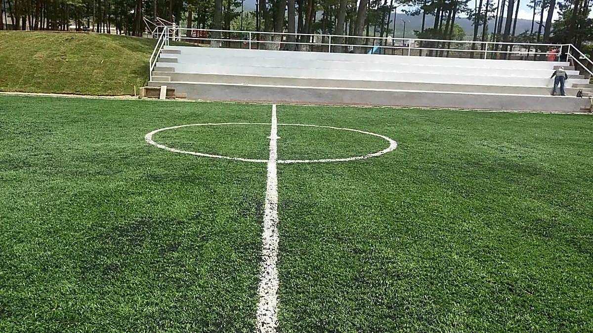 Cancha de fútbol 5 con pasto sintético en Campo Deportivo Dentro del Parque el Bosquecito, Perote, Veracruz: líneas insertadas en el pasto sintético