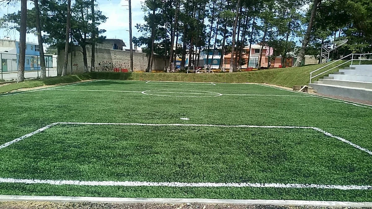 Cancha de fútbol 5 con pasto sintético en Campo Deportivo Dentro del Parque el Bosquecito, Perote, Veracruz: la cancha desde la línea lateral