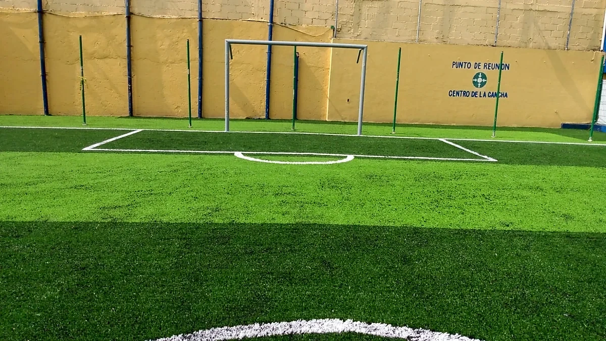Detalle del pasto sintético de la cancha de fútbol 5 en Coatzacoalcos, Veracruz