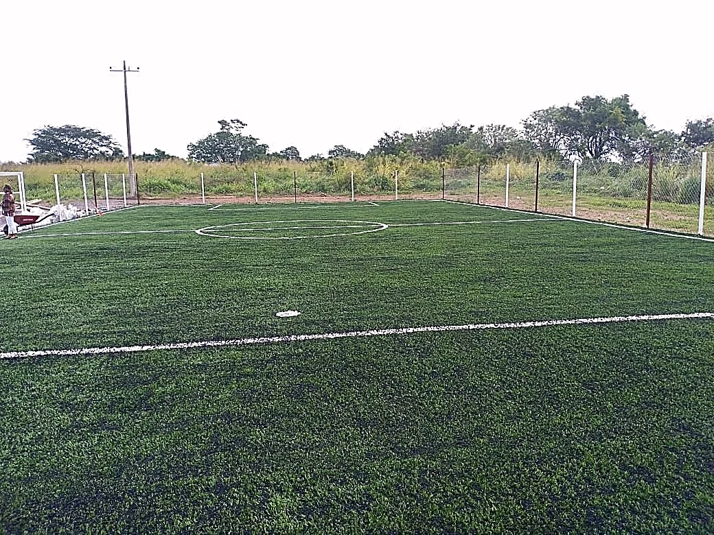 Detalle del pasto sintético de la cancha de fútbol 5 en Manlio Fabio Altamirano, Veracruz