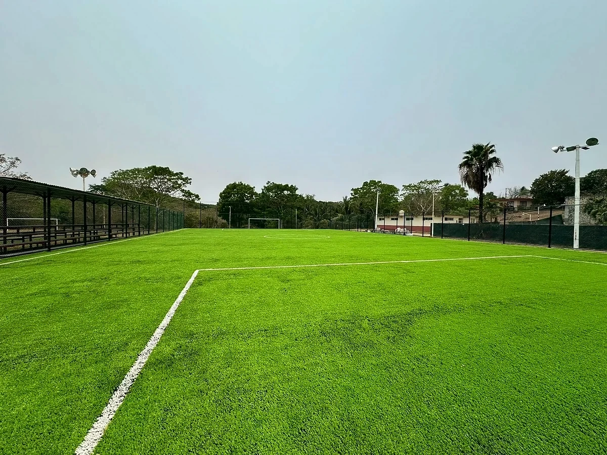 Cancha de fútbol 7 con pasto sintético en Campo de Comunidad, Paso de Ovejas, Veracruz: pasto sintético deportivo recién cepillado
