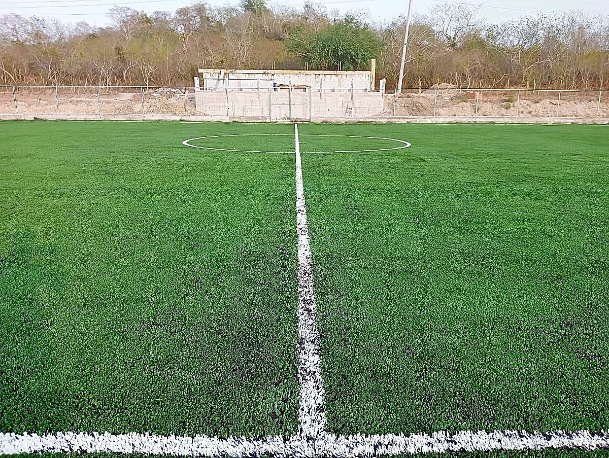 Cancha de fútbol 7 con pasto sintético en Campo Ozuluama, Veracruz: la cancha desde la línea lateral