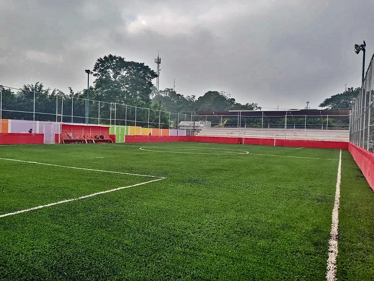 Detalle del pasto sintético de la cancha de fútbol 7 en Cuichapa, Veracruz