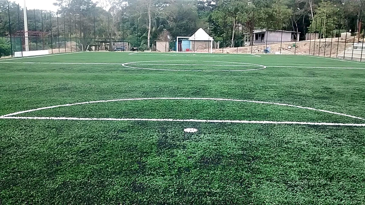 Cancha de fútbol 7 con pasto sintético en Unidad Deportiva Morelos, Jesús Carranza, Veracruz: líneas de juego insertadas en el mismo pasto